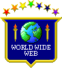 Large badge with rainbow stars above a banner with planet Earth with candles on each side that says 'World Wide Web.'