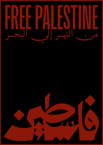 A poster that says 'Free Palestine' in both English and Arabic.